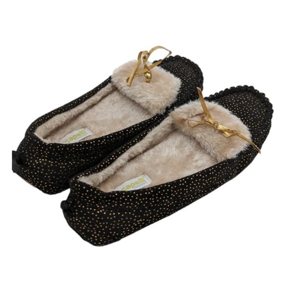 Women's Capelli of New York Fuzzy Polka Dot Pull-On Slippers Gold Tie Sz 8/9 - Picture 4 of 7